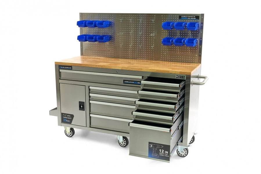 HBM Werkbank 158 Cm 10 Laden Met Deur En Achterwand, RVS 1 HBM Werkbank 158 Cm 10 Laden Met Deur En Achterwand, RVS