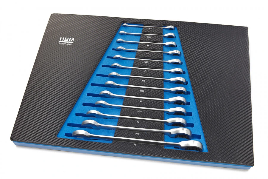 HBM 13 Delige Ring, Ratel, Steeksleutelset INCH In Carbon Foam Inlay Voor Gereedschapswagen 1 HBM 13 Delige Ring, Ratel, Steeksleutelset INCH In Carbon Foam Inlay Voor Gereedschapswagen