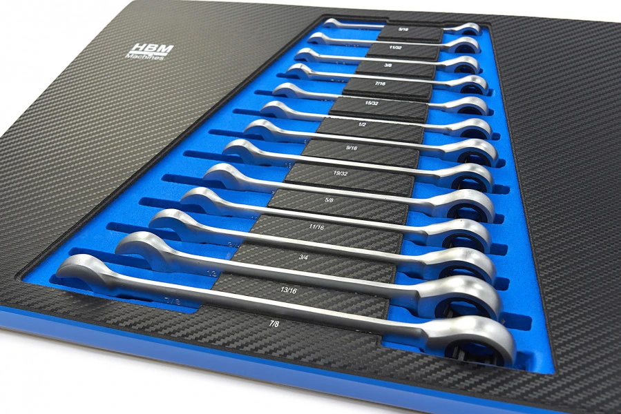HBM 13 Delige Ring, Ratel, Steeksleutelset INCH In Carbon Foam Inlay Voor Gereedschapswagen 2 HBM 13 Delige Ring, Ratel, Steeksleutelset INCH In Carbon Foam Inlay Voor Gereedschapswagen - Afbeelding 2
